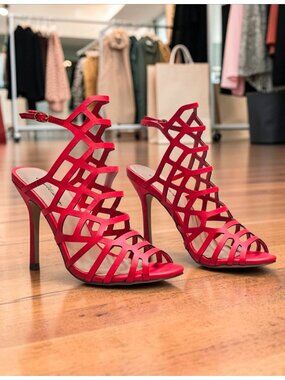 Red Strappy High Heeled Sandals With Cutout Design & Adjustable Buckle Chic Even